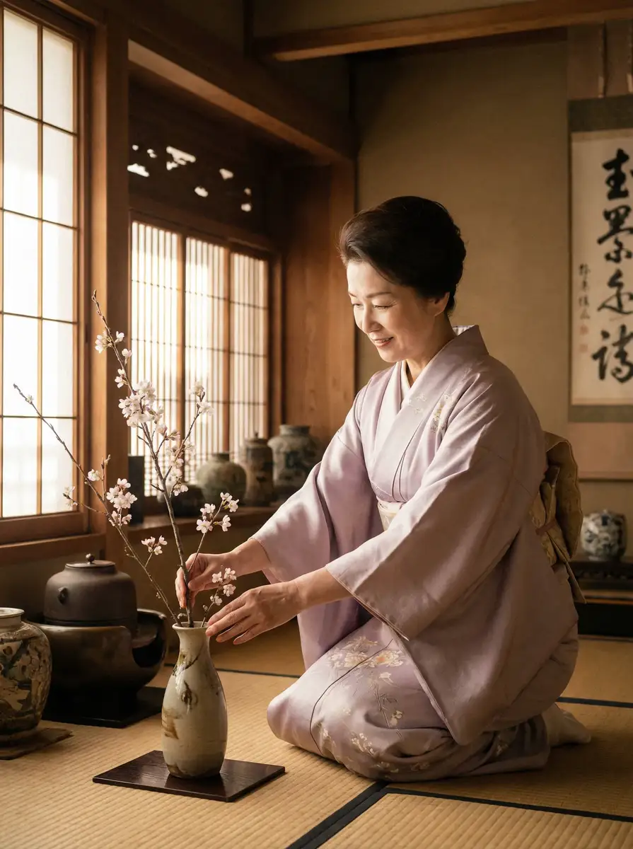 一位优雅的 顾茜茜 在和室中插花